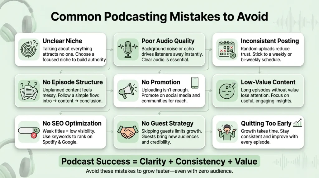 How to Start a Podcast With No Audience - Infographic showing common podcasting mistakes including unclear niche poor audio inconsistent posting no promotion low value content and quitting earlySS