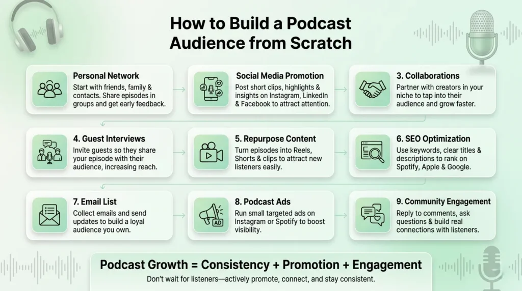 How to Start a Podcast With No Audience - Infographic showing strategies to build a podcast audience from scratch including social media promotion collaborations SEO email list ads and engagement