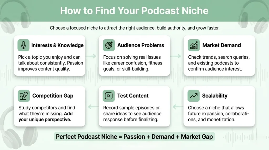 How to Start a Podcast With No Audience - Infographic explaining how to find a podcast niche using interests audience problems market demand competition gap testing content and scalability