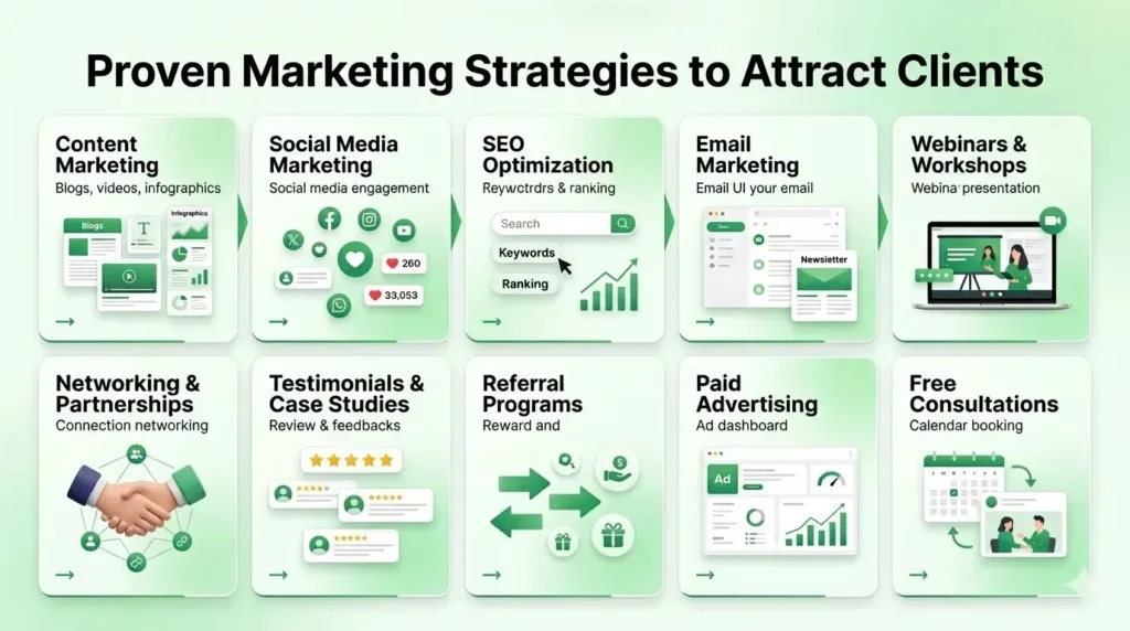 showcasing proven marketing strategies to attract clients, including content marketing, social media, SEO, email campaigns, webinars, networking, referrals, ads, testimonials, and free consultations.