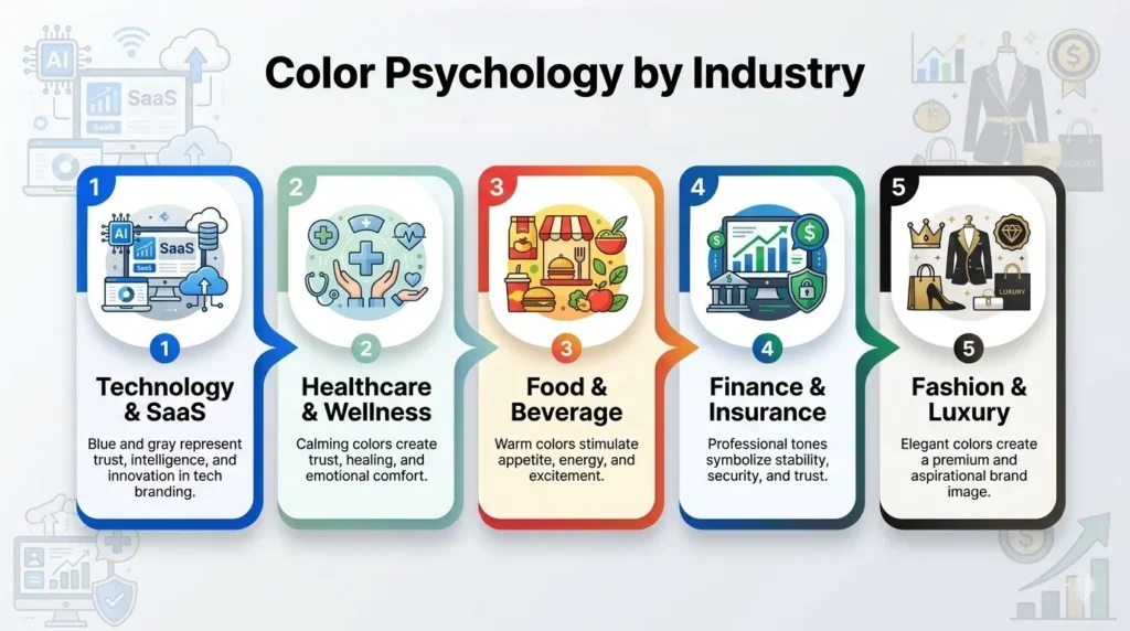 Infographic showing color psychology by industry, including technology, healthcare, food, finance, and fashion sectors with color-coded branding and business illustrations.