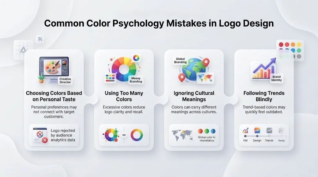 Infographic highlighting common color psychology mistakes in logo design, including poor color choices, excessive colors, ignoring cultural meanings, and blindly following design trends.