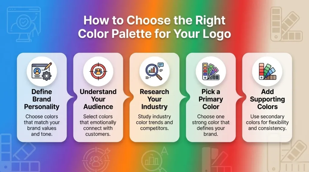 Infographic explaining how to choose the right logo color palette through brand personality, audience research, industry analysis, primary color selection, and supporting colors.SS