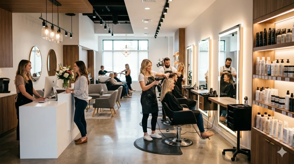 Fantastic Sams franchise cost -Modern hair salon with stylists and clients seated