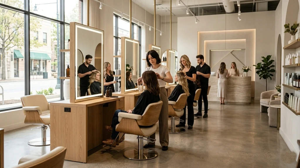Fantastic Sams franchise cost -Modern hair salon with stylists and clients seated