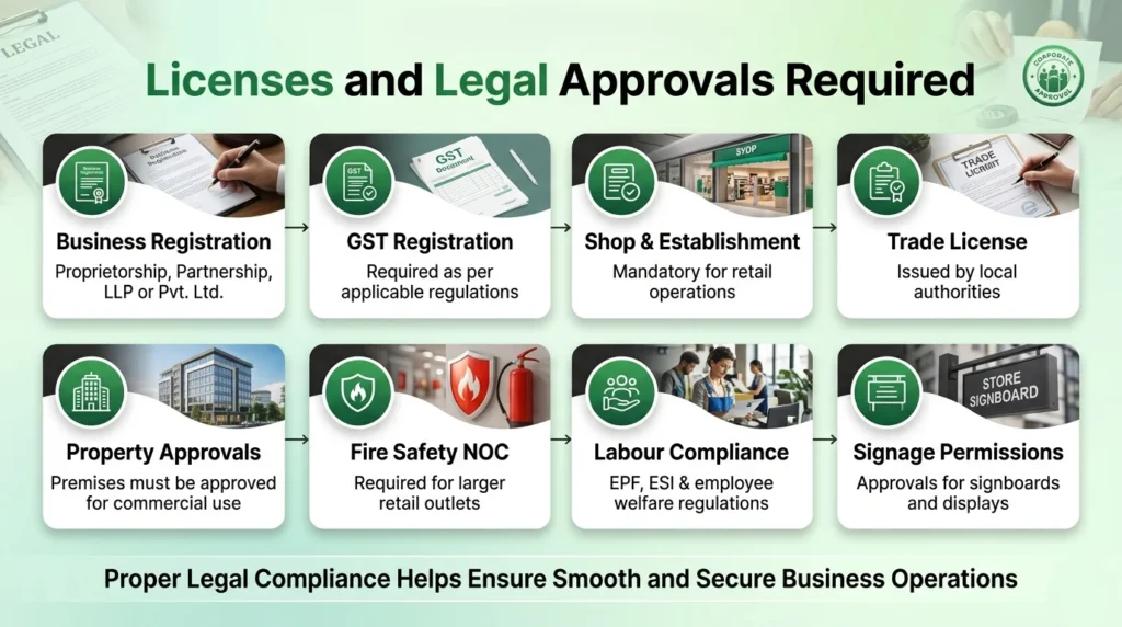 Complete list of licenses and legal approvals required for a Zudio store including GST registration, trade license, fire safety NOC, labour compliance, shop establishment and signage permissions.