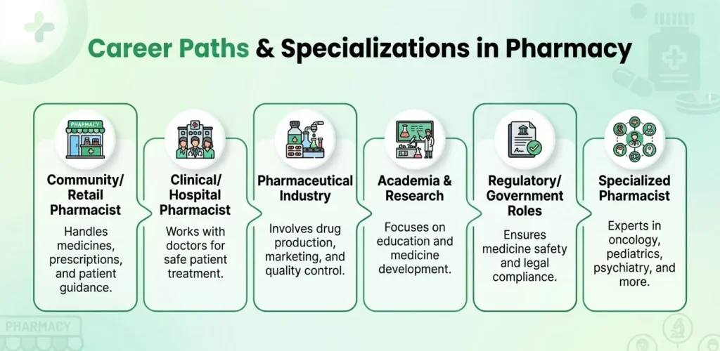 Infographic titled “Career Paths & Specializations in Pharmacy” showing six pharmacy career options including retail, clinical, pharmaceutical industry, academia, regulatory roles, and specialized pharmacists with healthcare icons and brief descriptions.