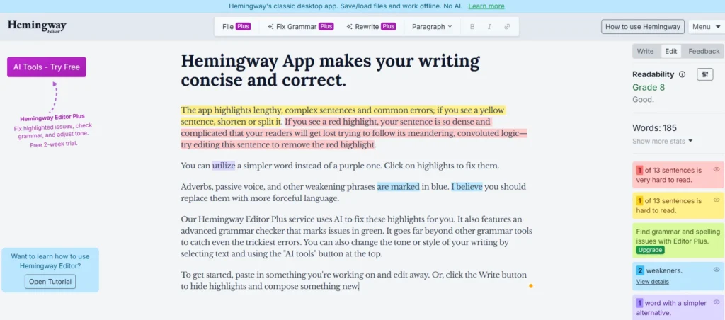 Grammer checker - Hemingway Editor