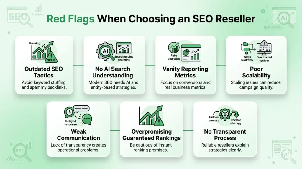 Infographic showing red flags when choosing an SEO reseller, including outdated tactics, vanity metrics, poor scalability, weak communication, and transparency issues.