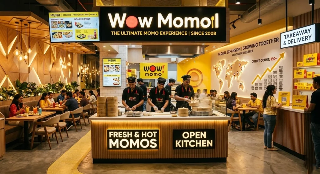 Wow Momo restaurant interior with open kitchen and customers dining