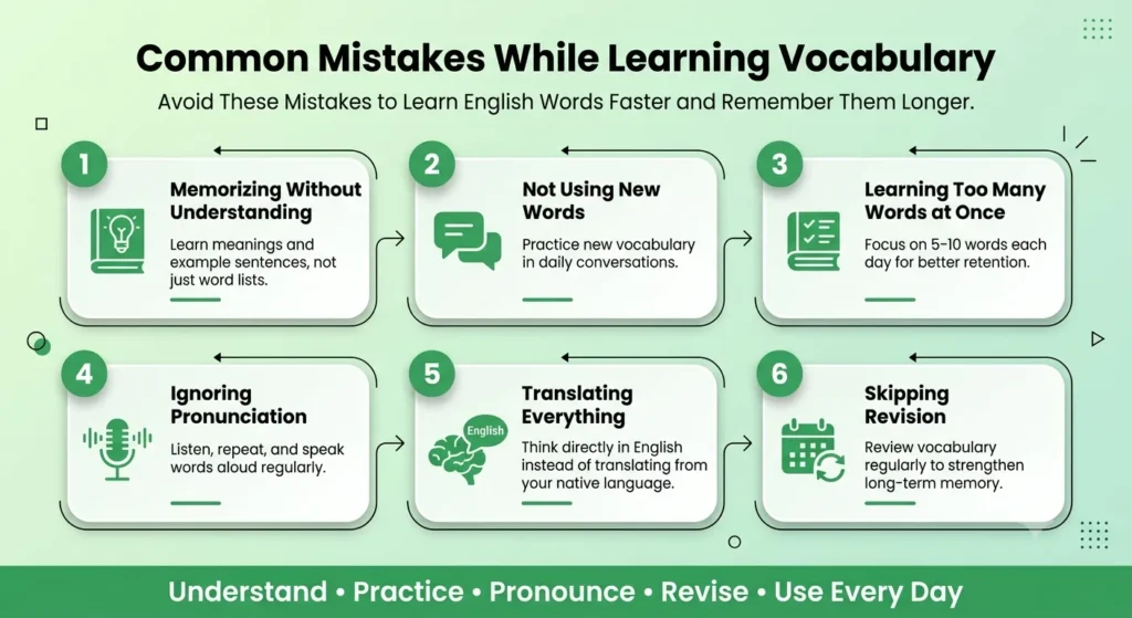 Infographic showing six common vocabulary learning mistakes: memorizing without understanding, avoiding practice, learning too many words, ignoring pronunciation, translating everything, and skipping revision.