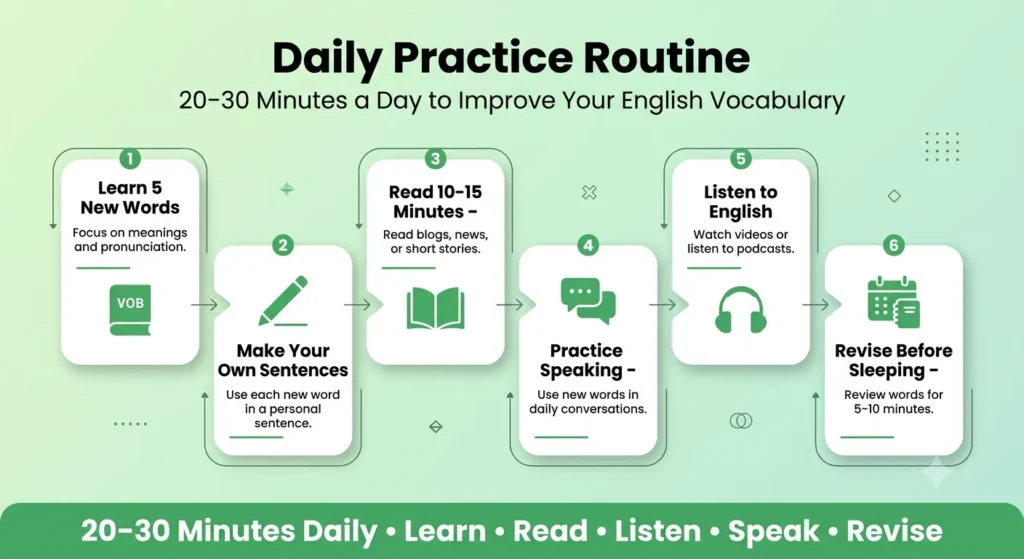 Daily practice routine infographic showing six steps to improve English vocabulary in 20–30 minutes daily: learn new words, write sentences, read, speak, listen, and revise.