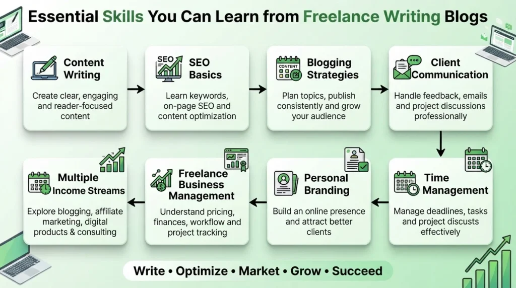 essential skills learned from freelance writing blogs, including content writing, SEO, blogging, client communication, branding, and time management