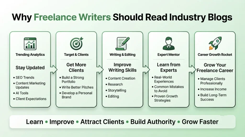 why freelance writers should read industry blogs, highlighting SEO trends, client acquisition, writing skills, expert advice, and career growth.