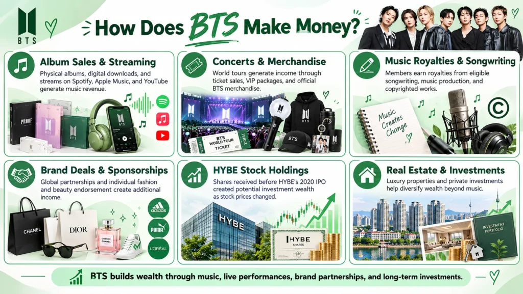 BTS net worth -seven members and six income sources: music sales, concerts, royalties, brand deals, HYBE stocks, and real estate investments.